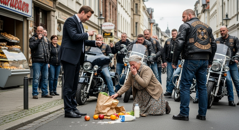 Wütend schlug er der zitternden Rentnerin die Einkaufstüte aus der Hand und zertrat ihre Lebensmittel. Die alte Dame kniete weinend auf dem nassen Asphalt. Da riss das Dröhnen von schweren V8-Motoren die Stille in Stücke. Dreißig grimmige Biker stiegen ab und bildeten eine schützende Mauer.