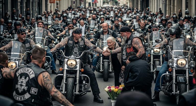 Lachend trat die Gang den kleinen Blumenwagen der zitternden alten Frau um und spuckte auf die zerstörten Rosen. Die Großmutter sank schluchzend auf den harten Beton. Da bebte der Boden: Ein Konvoi schwer bewaffneter Hells-Angels-Typen hielt an und umzingelte die feigen Schläger mit finsteren Blicken.