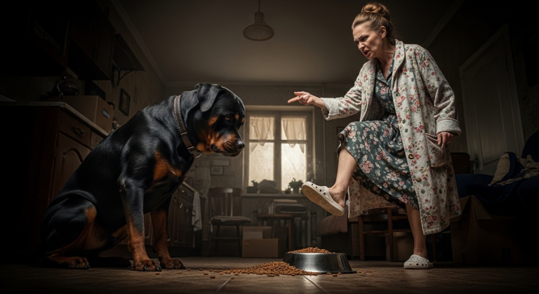 Die kaltherzige Vermieterin trat wutentbrannt den Napf dieses missverstandenen Rottweilers um und drohte mit der Todesspritze – doch sie ahnte nicht, dass dieses „Biest“ stundenlang regungslos Wache hielt, um sie vor einer unsichtbaren, tödlichen Gefahr zu retten!