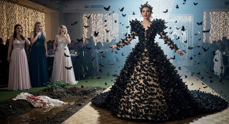 The cruel ‘Mean Girls’ thought pushing her into a muddy ditch totally trashed her dream, but her entrance in a ‘Butterfly Effect’ dress of living black creatures just MADE the night… and made them choke on their own spite.
