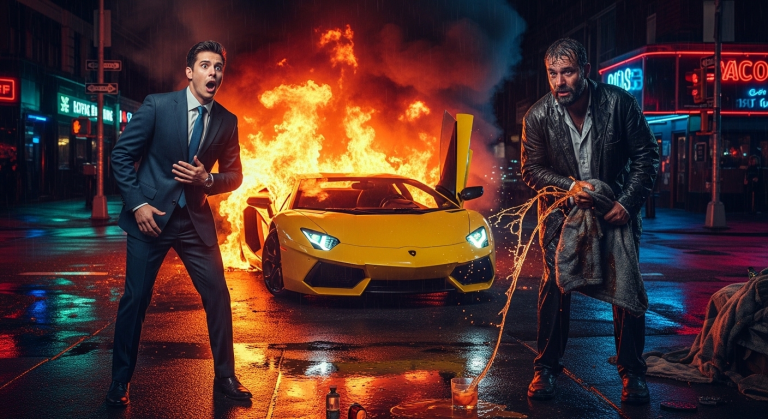 Dieser toxische Wall-Street-Bro schüttete seinen teuren Drink auf einen wehrlosen Obdachlosen und nannte ihn „Müll“ – doch als sein Lambo in Flammen aufging, erlebte er den krassesten Karma-Reality-Check seines Lebens!