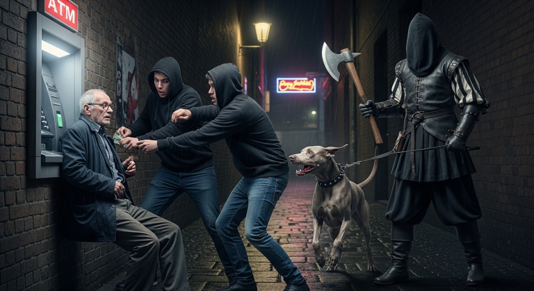 Ein brutaler Schlag in die Kniekehle ließ mich am Geldautomaten zusammenbrechen. Zwei Diebe drückten mein faltiges Gesicht auf den dreckigen Boden. Plötzlich bellte es wie Donnerstrom. Ein eleganter Weimaraner raste heran, doch es war nicht nur der Hund, der die Diebe in panische Flucht versetzte…