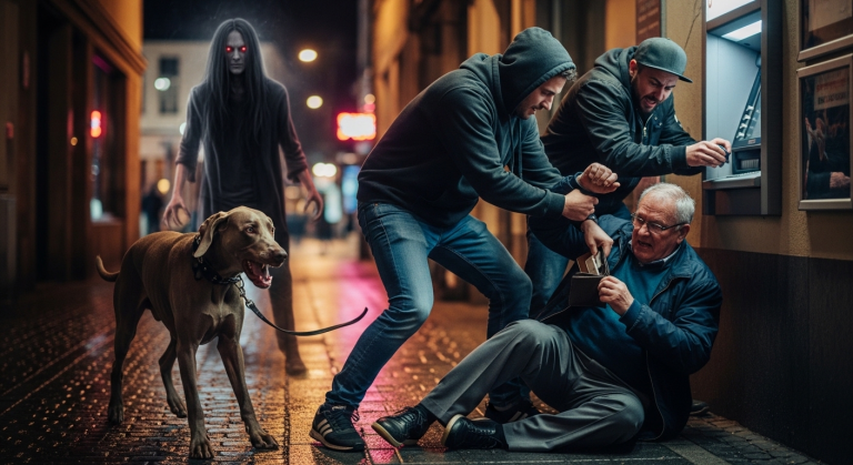 Ein brutaler Schlag in die Kniekehle ließ mich am Geldautomaten zusammenbrechen. Zwei Diebe drückten mein faltiges Gesicht auf den dreckigen Boden. Plötzlich bellte es wie Donnerstrom. Ein eleganter Weimaraner raste heran, doch es war nicht nur der Hund, der die Diebe in panische Flucht versetzte…