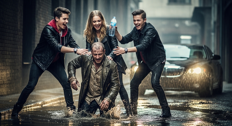Verwöhnte Rich Kids schubsten einen wehrlosen Obdachlosen lachend in den Schlamm und klauten sein letztes Wasser. Sie ahnten nicht, dass dieser gebrochene Mann das bestgehütete Geheimnis ihres Vaters war. Seine brutale Rache sprengte alles!
