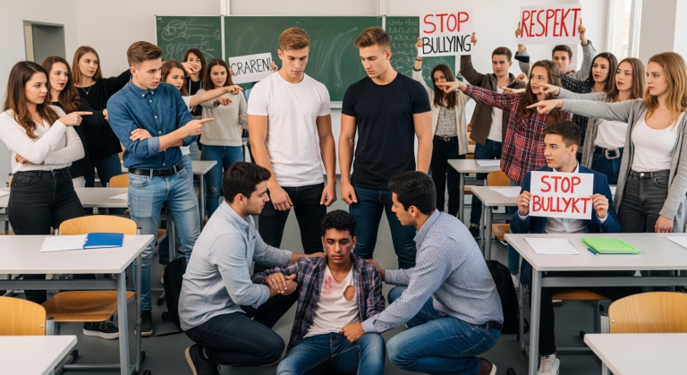 Sie rissen meine Hausaufgaben in kleine Fetzen und stießen meinen Tisch um, sodass er krachend zu Boden fiel. „Du Streber gehörst nicht in unser Land!“, schrien sie mir ins Gesicht. Ich schloss verzweifelt die Augen, doch dann erhob eine mutige Gruppe von Mitschülern gleichzeitig ihre Stimme.