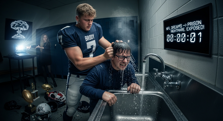 Der Alpha-Jock dachte, er könnte den “Nerd” im Umkleide-Waschbecken ertränken und als Held gehen, doch das unsichtbare Mädchen in der Ecke hat gerade eine digitale Atombombe gezündet, die seine NFL-Träume in einen Knast-Albtraum verwandelt – du wirst nicht glauben, wer sie wirklich ist!