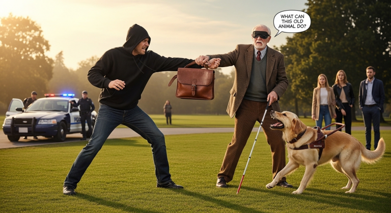 Skrupellose Thugs dachten, der blinde Mann im Park wäre easy Prey und kickten seinen treuen Blindenhund weg. Doch das Karma schlug gnadenlos zurück – und die wahre Identität des Angreifers wird dir das Blut in den Adern gefrieren lassen!