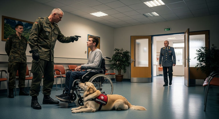Der grausame Offizier trat den treuen Schäferhund des verletzten Soldaten brutal zur Seite und brüllte ihm ins Gesicht: „Ein Hund hat hier nichts zu suchen!“ Tränen liefen über das Gesicht des Veterans im Rollstuhl. Da öffnete sich plötzlich die Tür, und der oberste Heeresinspekteur betrat den Raum…