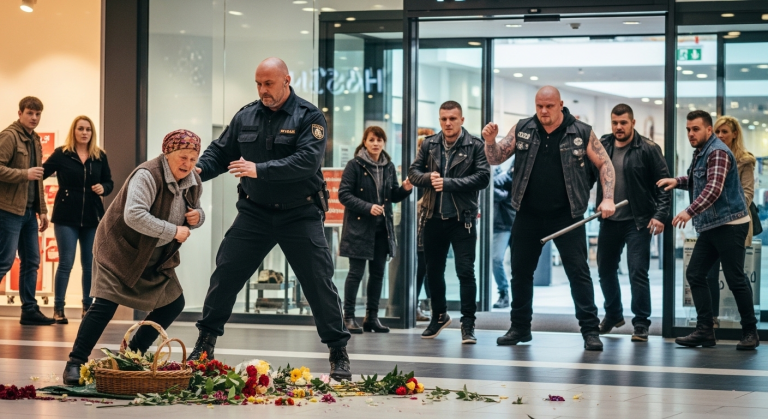 Der hochnäsige Sicherheitsmann des Einkaufszentrums stieß die alte Blumenverkäuferin brutal zu Boden und zertrat ihre roten Rosen bösartig mit seinen schweren Stiefeln. Plötzlich zersplitterten die Glastüren, als fünfzig schwere Motorräder direkt ins Gebäude stürmten und ihre Fahrer mit Eisenketten in den Händen direkt auf den zitternden Wächter zumarschierten.