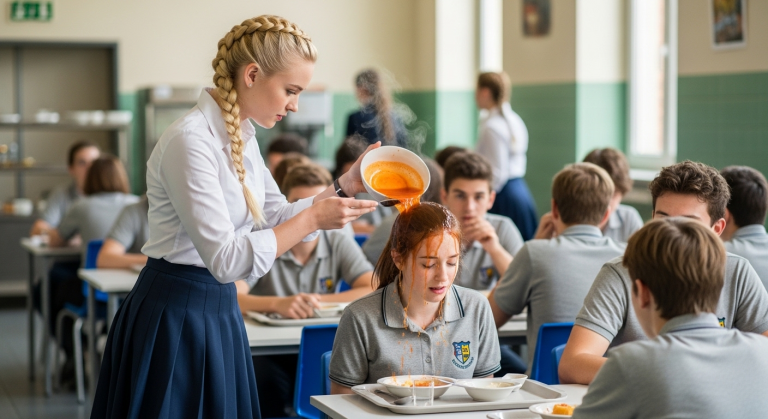 Mit einem hämischen Grinsen kippte die verwöhnte Tochter des Direktors ihre heiße Suppe über die zitternde neue Mitschülerin mitten in der vollen Kantine. Tränen flossen, doch bevor das Mädchen weglaufen konnte, packte der neue Vertretungslehrer die Hand der Angreiferin so fest, dass sie aufschrie. Seine nächsten Worte veränderten die gesamte Hierarchie der Schule für immer.