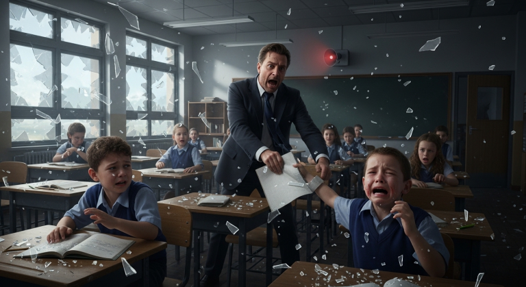 Mein sadistischer Lehrer zerriss mein Heft und zerrte mich in den dunklen Flur, um mich zu brechen, doch als die Lichter flackerten, hallte kein Alarm aus den Lautsprechern, sondern das Knacken seiner eigenen Knochen und sein verzweiteltest Winseln!