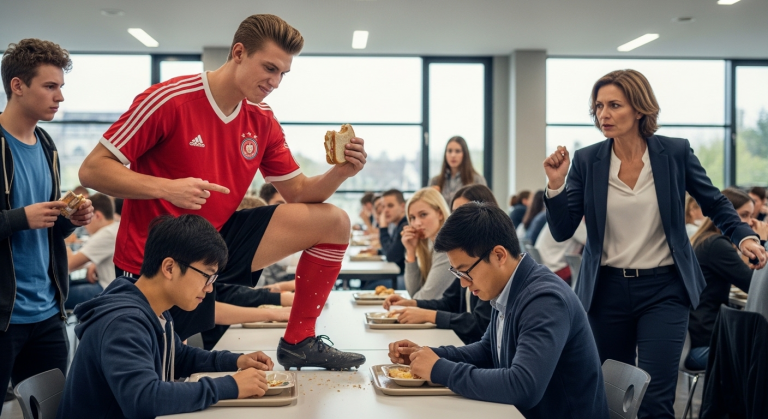 Der arrogante Fußballkapitän riss mir das Essen aus der Hand, schüttete eiskaltes Wasser über mein Gesicht und schrie: „Geh zurück nach Asien!“ mitten in der vollen Schulkantine. Ich zitterte vor Kälte und Demütigung, bis plötzlich der strenge Rektor eingriff und eine schockierende Wahrheit über meine Herkunft enthüllte.