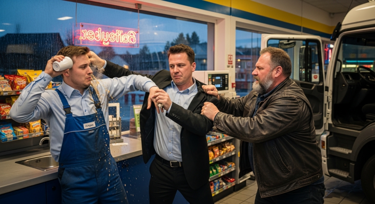 Ein arroganter Kunde an der Tankstelle warf seinen heißen Kaffee absichtlich über meine Arbeitskleidung, schlug mit der Faust auf den Tresen und schrie: „Bedien mich schneller, du schwarzer Nichtsnutz!“ Ich weinte vor brennendem Schmerz, bis ein stiller LKW-Fahrer aufstand, den Mann packte und ihm eine bittere Lektion erteilte.