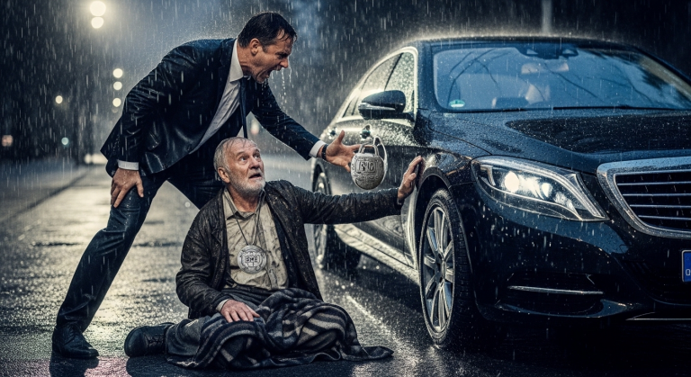 Bei strömendem Regen stieß ein wütender Milliardär einen an Alzheimer erkrankten Obdachlosen brutal in den Schlamm des Stadtparks. “Fass mein Auto nicht an!”, brüllte er und spuckte aus. Was er nicht wusste: Dieser zitternde alte Mann war einst derjenige, der ihm das Leben rettete.