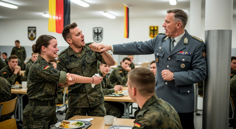 Der sexistische Hauptmann kippte der Soldatin verächtlich das heiße Essen auf den Schoß und brüllte, Frauen gehörten in die Küche, nicht in die Armee. Sie ballte weinend die Fäuste, als plötzlich die neue, hochdekorierte Basis-Kommandantin den Saal betrat und dem Hauptmann gnadenlos ihr eigenes Tablett ins Gesicht schlug.