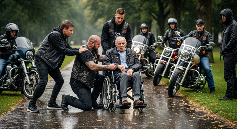 “Verschwinde, du ekliger Penner!”, brüllte der verwöhnte Schnösel und trat den Rollstuhl des weinenden, an Alzheimer erkrankten Großvaters mitten in den eiskalten Regen im Park. Der alte Mann zitterte hilflos. Niemand griff ein, bis eine bedrohliche Gruppe von tätowierten Bikern den Weg versperrte und langsam von ihren Maschinen stieg…