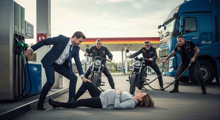 Der ungeduldige, reiche Schnösel stieß die hochschwangere Frau an der Tankstelle so heftig zur Seite, dass sie schreiend zu Boden fiel und sich den Bauch hielt. “Aus dem Weg, fette Kuh!”, lachte er böse. Ein riesiger Lkw-Fahrer und drei tätowierte Biker, die gerade tankten, ließen ihre Zapfhähne fallen und rannten los…