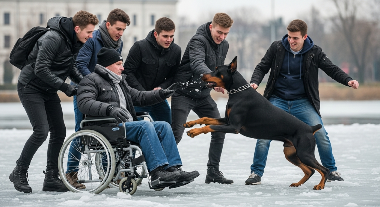 Die arroganten Teenager stießen den Rollstuhl des obdachlosen Veteranen mitten in den eisigen See des Stadtparks. Er schrie um Hilfe, während sie lachend Steine warfen. Plötzlich rannte ein massiver Dobermann bellend aus dem Gebüsch, fletschte die Zähne und sprang den Anführer an. Was der Hundsbesitzer dann tat, schockierte alle.