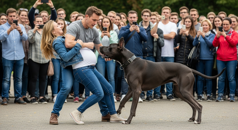 Im überfüllten Park stieß der wütende Ex-Freund die schwangere Frau gewaltsam zu Boden und brüllte sie an, während Schaulustige nur filmten. Plötzlich stellte sich eine massive Deutsche Dogge knurrend zwischen sie und fletschte bedrohlich die Zähne. Der Mann wich verängstigt zurück, aber das Halsband des Hundes enthüllte ein dunkles Geheimnis.