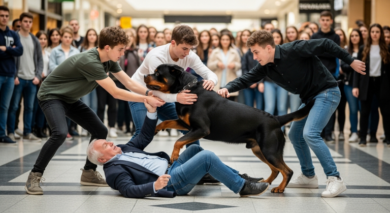 Drei Jugendliche stießen den gebrechlichen alten Mann im Einkaufszentrum gnadenlos um und traten nach seinem Gehstock. Niemand griff ein. Plötzlich stürmte ein muskulöser Rottweiler heran, warf den Anführer mit voller Wucht zu Boden und stand knurrend über ihm. Als der Besitzer des Hundes aus der Menge trat, hielten alle den Atem an.