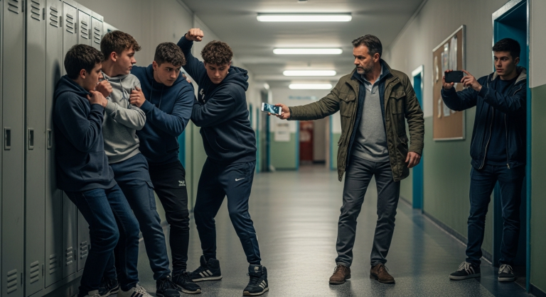 Der Kapitän der Fußballmannschaft stieß mich brutal gegen die Spinde, riss mein Hemd auf und spuckte mir rassistische Beleidigungen ins Gesicht, während die Menge lachte. Ich weinte still, doch dann trat der neue Vertretungslehrer aus dem Schatten – und was er tat, ließ den ganzen Flur in Totenstille erstarren.