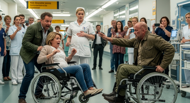Mit schmerzverzerrtem Gesicht stürzte ich, als mein Mann mich im Krankenhausflur brutal aus dem Rollstuhl stieß, um seine schwangere Geliebte – meine Krankenschwester – zu beschützen. Weinend und wehrlos lag ich da, bis ein vernarbter Veteran im Rollstuhl vortrat. Was dieser alte Soldat tat, veränderte alles.