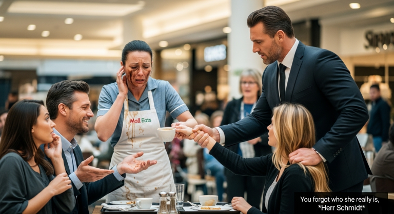 Mit Wut im Gesicht schüttete mein Mann mir vor allen Gästen im Einkaufszentrum den heißen Kaffee ins Gesicht, nur weil ich seine Affäre bedienen musste. Tränen der Demütigung brannten in meinen Augen, als sie mich auslachten. Da packte ein stiller Fremder im feinen Anzug meinen Mann gewaltsam am Kragen. Die Wahrheit über diesen Fremden ließ alle erstarren.