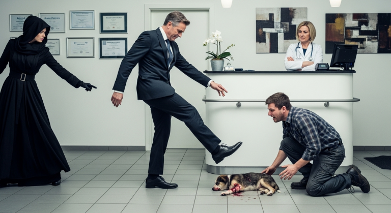 Der reiche, verwöhnte Schnösel trat im Wartezimmer der Tierklinik verächtlich nach dem blutenden, sterbenden Welpen des armen Bauern, nur weil er ihm im Weg saß. Der Tierarzt weigerte sich zu operieren, weil das Geld fehlte. Da betrat eine mysteriöse, ganz in Schwarz gekleidete Frau den Raum. Was sie aus ihrer Tasche zog, veränderte alles…