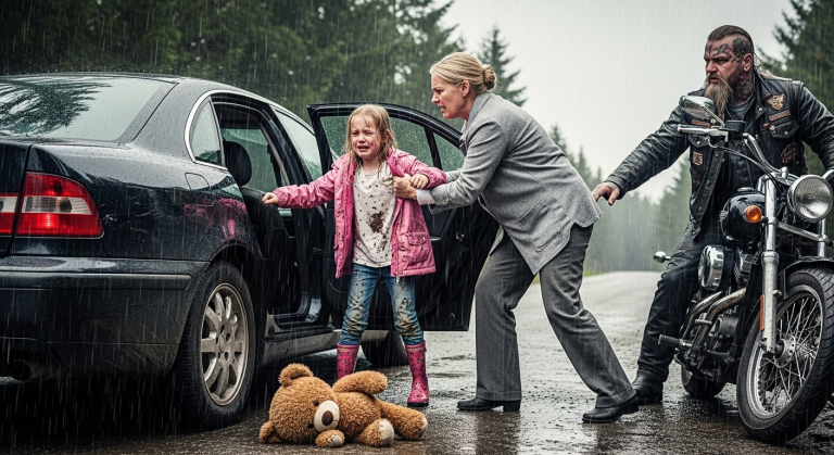 Die grausame Stiefmutter zerrte das weinende kleine Mädchen aus dem Auto, warf ihren kaputten Teddybär in die Pfütze und fuhr mit quietschenden Reifen davon. Das Kind stand allein im peitschenden Regen des Stadtparks. Ein furchteinflößender Biker mit Gesichtstätowierungen hielt plötzlich an und stieg ab. Was er tat, treibt dir die Tränen in die Augen…