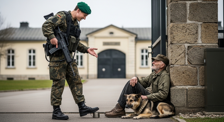 Der junge Wachtposten lachte den obdachlosen Veteranen aus und stieß ihn hart zurück: „Verschwinde mit deinem räudigen Hund!“ Der alte Mann kniete weinend neben seinem sterbenden Militärhund auf dem Asphalt. Da öffnete sich das Tor der Kaserne und der Stabsarzt trat mit finsterer Miene heraus. Er erkannte den alten Mann sofort…