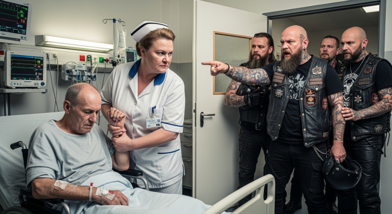 “Du bist hier unerwünscht, alter Mann!”, zischte die herzlose Oberschwester und stieß den Rollstuhl des weinenden, kranken Veteranen achtlos in die dunkelste Ecke des Krankenhausflurs. Er fühlte sich völlig verlassen und gedemütigt. Bis ein ohrenbetäubender Motorenlärm ankündigte, dass seine alte Militär-Biker-Bruderschaft gerade angekommen war, um die Klinik aufzumischen.