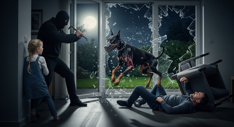 Mein rücksichtsloser Nachbar warf Giftköder über den Zaun und zischte: „Ich bringe deine Bestie um!“ Mein Dobermann blutete fast zu Tode. Zwei Wochen später brach ein bewaffneter Einbrecher beim Nachbarn ein und bedrohte seine kleine Tochter. Trotz seiner Wunden durchbrach mein Hund die Glastür und opferte sich für das Kind.