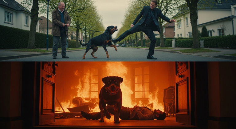Dein Hund ist eine tickende Zeitbombe!“, spuckte der reiche Nachbar mir ins Gesicht und trat meinen friedlichen Rottweiler. Am selben Abend explodierte der Gaskessel in seiner Villa. Während der Nachbar bewusstlos unter brennenden Trümmern lag, rannte mein Hund ins Inferno und zog ihn an der Schulter heraus. Seine Reue kam zu spät.
