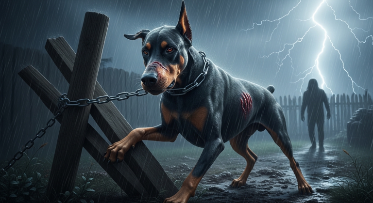 Ich Werde Diesen Dämon Vergiften”, Schrie Meine Bösartige Nachbarin Und Prügelte Mit Einem Besen Auf Meinen Angeketteten Doberman Ein, Während Ein Sturm Tobte. Tage Später Entführte Ein Fremder Ihren Sohn, Doch Mein Verwundeter Hund Wurde Zu Seinem Einzigen Retter.