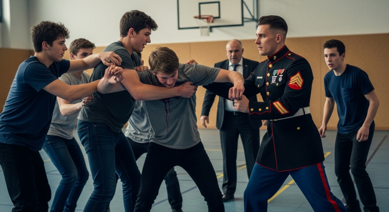 Der Sportlehrer ignorierte absichtlich, wie die anderen mich mit Bällen bewarfen und rassistische Witze machten, bis ich blutete und am Boden lag. Er rechnete nicht damit, dass mein großer Bruder, ein dekorierter Marine-Soldat in Uniform, genau in diesem Moment durch die Turnhallentür trat.