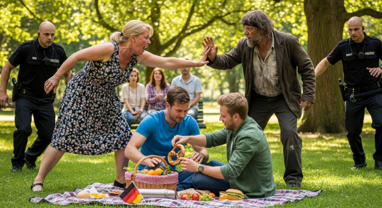 Eine wütende Mutter stieß den Picknickkorb der beiden jungen Männer um und brüllte, sie würden mit ihren schwulen Küssen die Kinder im Park vergiften. Die zwei saßen fassungslos im Gras, bis ein scheinbar obdachloser Mann aufstand, der sich als der Besitzer des Grundstücks entpuppte und ihr eiskalt den Weg versperrte.