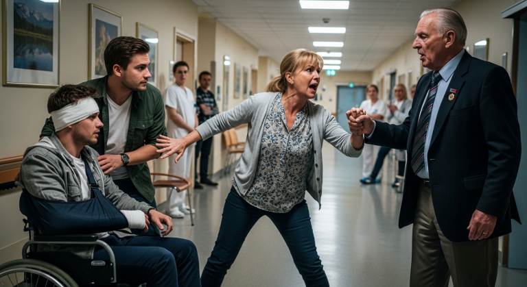Im Krankenhausflur ohrfeigte eine wütende Mutter den Freund ihres kranken Sohnes, nannte die dreijährige schwule Beziehung einen „ekelhaften Fehler“ und rief den Sicherheitsdienst. Der junge Mann brach schluchzend zusammen, bis ein alter Soldat im Rollstuhl ihre Hand festhielt und mit eiskalter Stimme ein Geheimnis über ihren eigenen verstorbenen Mann enthüllte.