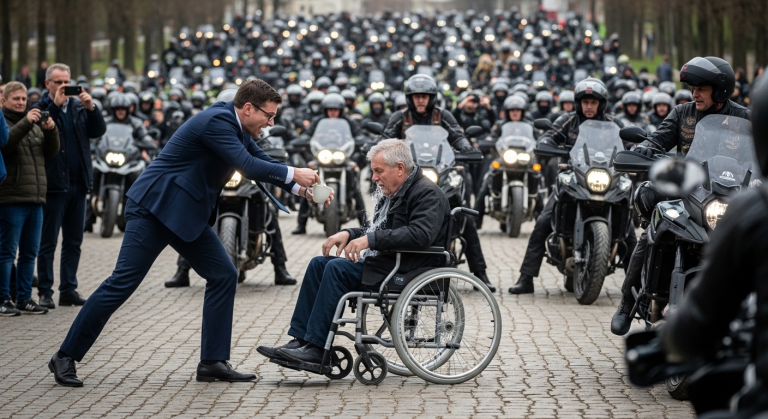 Ein reicher Schnösel trat wütend gegen den Rollstuhl des obdachlosen Kriegsveteranen und schüttete seinen heißen Kaffee über dessen zitternde Hände. Im belebten Park schauten alle nur weg. Bis eine Kolonne von 200 schweren Motorrädern mit ohrenbetäubendem Lärm den Weg versperrte. Der Anführer stieg ab, nahm seinen Helm ab und sah den Angreifer an.