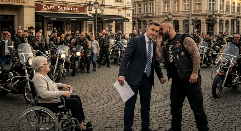 Er trat den Rollstuhl der alten Frau zur Seite und lachte gehässig, doch als das Grollen von 50 Motoren die Luft zerriss, erstarrte sein Gesicht. Ein riesiger Biker stieg ab, legte ihm die Hand auf die Schulter und flüsterte nur drei Worte, die sein ganzes Leben in Sekunden zerstörten.