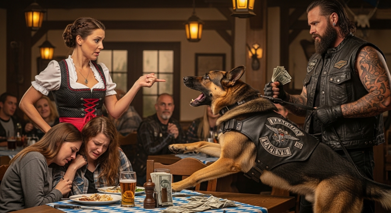 Die arrogante Kellnerin im bayerischen Gasthof knallte den Teller vor die junge Mutter und ihr krankes Kind und zischte: „Wenn ihr nicht zahlen könnt, esst draußen wie die Hunde!“ Ein riesiger deutscher Schäferhund, der an einem Nebentisch saß, knurrte die Kellnerin so furchteinflößend an, dass sie das Tablett fallen ließ, während sein Besitzer den Scheck für alle Gäste zahlte.