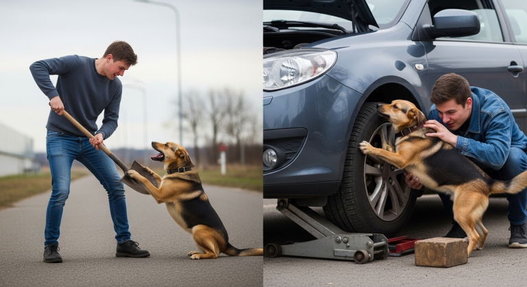 Verschwinde, du Köter!“, brüllte der junge Mann und hieb mit der Schaufel nach dem Hund, der nur am Zaun stand. Als der Mann später unter seinem Auto arbeitete und der Wagenheber nachgab, schob der Hund mit unbändiger Kraft einen schweren Holzklotz unter den Reifen, was dem Mann das Leben rettete und den Hund fast die Pfote kostete.