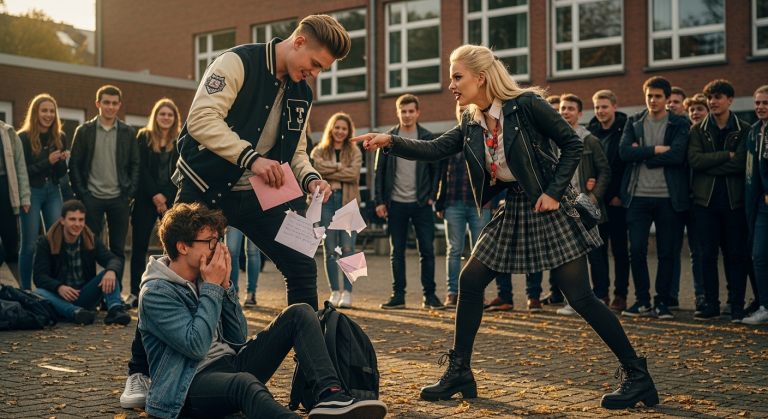 Mitten auf dem Schulflur drückte der Sohn des Bürgermeisters den schmächtigen Jungen brutal gegen die Spinde und zerriss lachend seinen Liebesbrief an einen Mitschüler. Tränen der Demütigung flossen. Plötzlich spürte der Mobber eine schwere Hand auf seiner Schulter; der geliebte Mitschüler stand da, sein Gesicht eine Maske der reinen Wut.