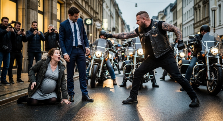 Erbarmungslos stieß der reiche Geschäftsmann die hochschwangere Frau zur Seite, sodass sie schmerzhaft auf den Asphalt stürzte. Sie schrie auf und hielt sich den runden Bauch. Niemand half. Doch plötzlich versperrten Dutzende ohrenbetäubende Motorräder die Straße. Ein riesiger Biker riss den Täter wütend am Kragen hoch. Die Konsequenzen für diesen herzlosen Snob waren schlichtweg verheerend..