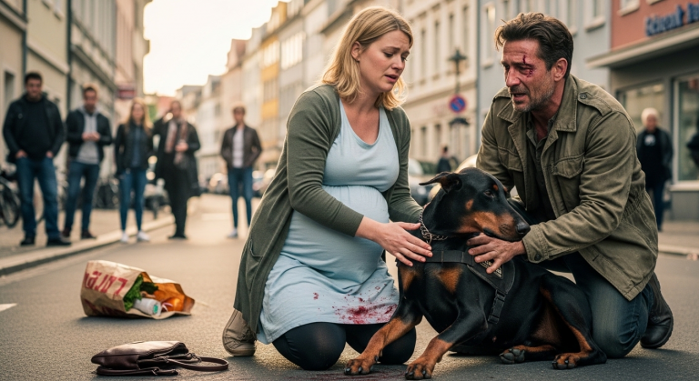 Sperr diese Bestie weg oder ich vergifte sie!“, brüllte der Nachbar und spuckte dem alten Veteranen ins Gesicht. Stunden später lag genau dieser „tödliche“ Doberman blutend auf dem Operationstisch in der Tierklinik – nachdem er sein eigenes Leben geopfert hatte, um die hochschwangere Frau des Nachbarn vor einem brutalen Überfall zu retten.