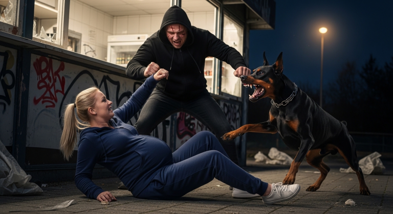 Mitten in der Nacht am verlassenen Imbiss drückte der brutale Angreifer die weinende, schwangere Frau gegen die Wand und riss ihr das Hemd auf. Ihre Hilfeschreie verhallten im Dunkeln. Doch dann trat ein riesiger, herrenloser Dobermann mit flammenden Augen aus den Schatten und stürzte sich gnadenlos auf den Täter.