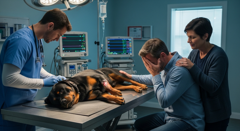 Dein Köter soll sterben!“, hatte der Nachbar noch gestern geschrien und Steine auf den friedlichen Rottweiler geworfen. Jetzt kniete derselbe Mann weinend im Wartezimmer der Notaufnahme. Der „gefährliche“ Hund hatte sich im Park heldenhaft vor sein kleines Kind geworfen, um es vor einem Messerangriff zu beschützen, und kämpfte nun um sein Leben.