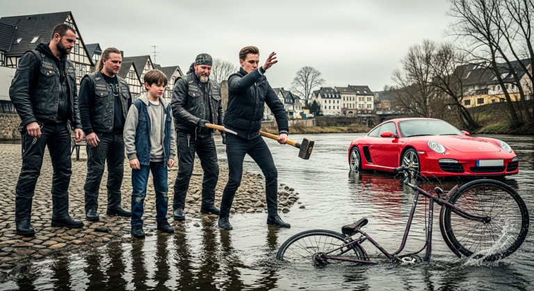 Der reiche Erbe trat das Fahrrad des armen Jungen in den Fluss und nannte ihn „Dreck“. Sekunden später war sein Sportwagen von einer Mauer aus Eisen umringt. Ein Biker-Präsident stieg aus, sah den Jungen an und reichte ihm einen schweren Vorschlaghammer. Er zeigte auf das Auto und sagte nur: „Fang an.“ Was dann geschah, war unvorstellbar.
