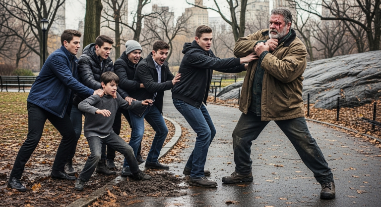 Wohlhabende Studenten schubsten den obdachlosen, ausländischen Straßenjungen brutal in den eiskalten Schlamm des Central Parks und traten lachend nach seinem kleinen Körper. Der Schmerz war herzzerreißend, doch dann trat ein gigantischer Schatten über sie. Der stille Gärtner des Parks packte den Anführer mit eisernem Griff am Hals und offenbarte sein wahres Gesicht.