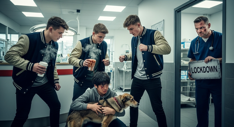 Rassistische Mobber aus der Schule folgten dem asiatischen Studenten bis zur Tierklinik, traten nach ihm und schütteten absichtlich kochenden Kaffee über seinen geretteten Hund. Der Junge schrie vor Verzweiflung, bis der ruhige Tierarzt – ein ehemaliger Kampfsanitäter mit Narben im Gesicht – die Tür abschloss, die Jalousien herunterzog und leise sagte: “Jetzt seid ihr dran.”