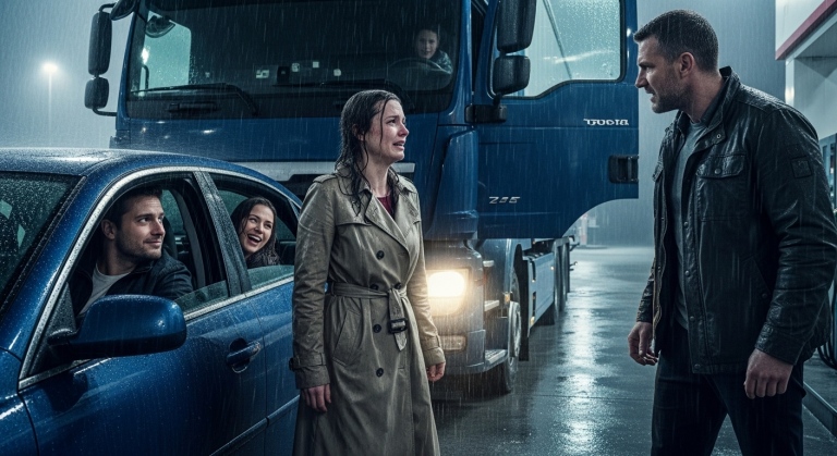 Bei peitschendem Regen stand ich frierend an der Tankstelle, während mein Mann mich aus dem Auto aussperrte und seine Geliebte auf dem Beifahrersitz lachte. Vor Kälte zitternd starrte ich durch das nasse Glas. Dann hielt ein riesiger LKW hinter ihnen, und der Fahrer stieg aus – es war mein Bruder.